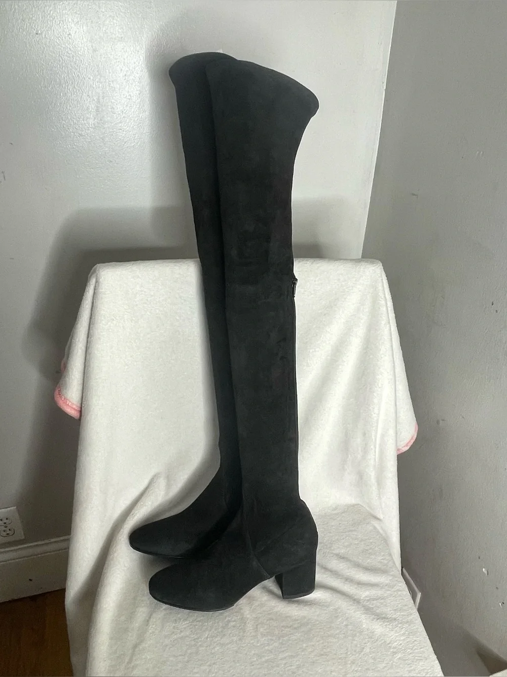 VALENTINO GARAVANI Black Suede Over The Knee Block Heel Boots Women Size 38.5